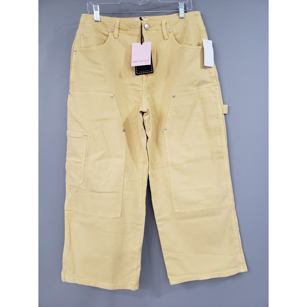NEW Avec Les Filles Womens High-Waist Cropped Carpenter Jeans Yellow Loose Baggy
